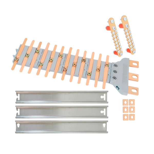 Kit Barramento de Cobre Trifásico VOLT 160 24 Polos 160A + Neutro, Terra e Trilhos DIN VB16024 – Brum