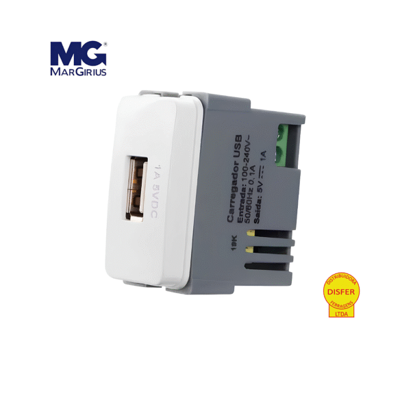 Módulo Tomada USB 1A Bivolt Linha B3 Branca - Margirius