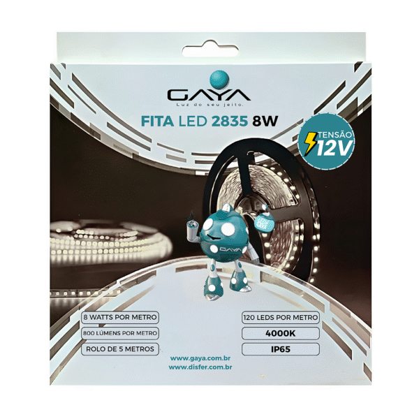 Fita LED 2835 8W/m 800 lm/m 4000K IP65 12V – Rolo 5m – Gaya