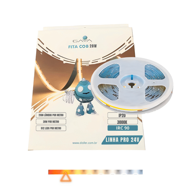 Fita COB LED 20W/m 2100lm/m IP20 IRC90 3000K 24V Rolo com 5m - Gaya