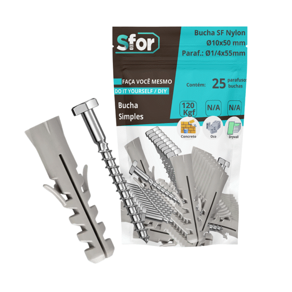 KIT - Parafuso Sextavado Rosca Soberba Ø1/4x55mm + Bucha SF Nylon Ø10x50mm com 25 peças - Sfor