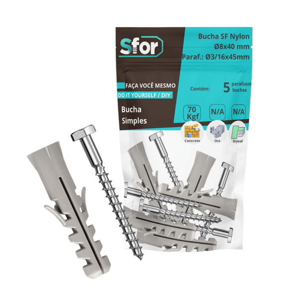 KIT - Parafuso Sextavado Rosca Soberba Ø3/16x45mm + Bucha SF Nylon Ø8x40mm com 5 peças - Sfor