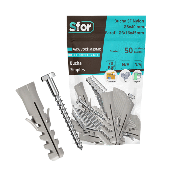 KIT - Parafuso Sextavado Rosca Soberba Ø3/16x45mm + Bucha SF Nylon Ø8x40mm com 50 peças - Sfor
