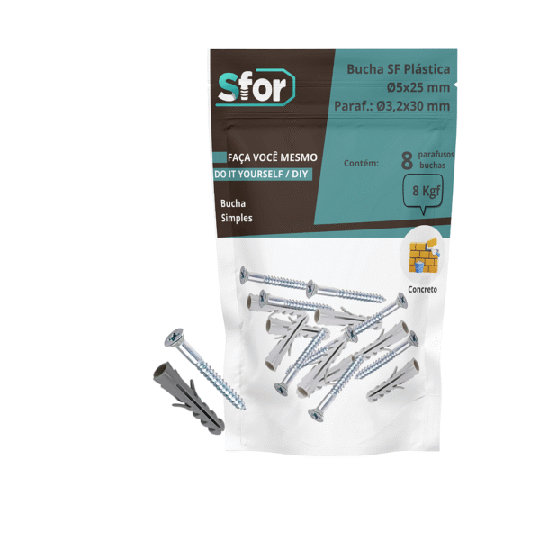 KIT - Parafuso Ø3,2x30mm + Bucha SF Ø5x25mm com 8 peças - Sfor