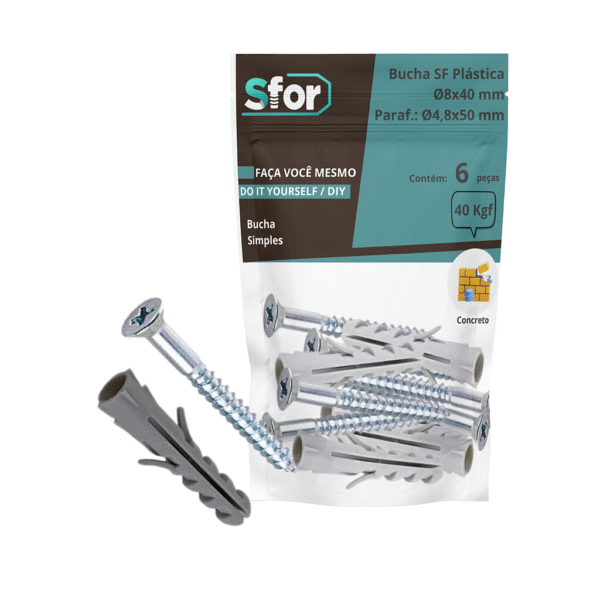 KIT - Parafuso Ø4,8x50mm + Bucha SF Ø8x40mm com 6 peças - Sfor