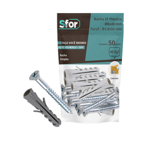 KIT - Parafuso Ø4,8x50mm + Bucha SF Ø8x40mm com 50 peças - Sfor