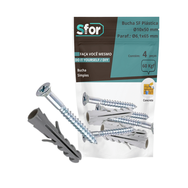 KIT - Parafuso Ø6,1x65mm + Bucha SF Ø10x50mm com 4 peças - Sfor