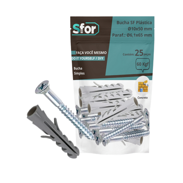 KIT - Parafuso Ø6,1x65mm + Bucha SF Ø10x50mm com 25 peças - Sfor