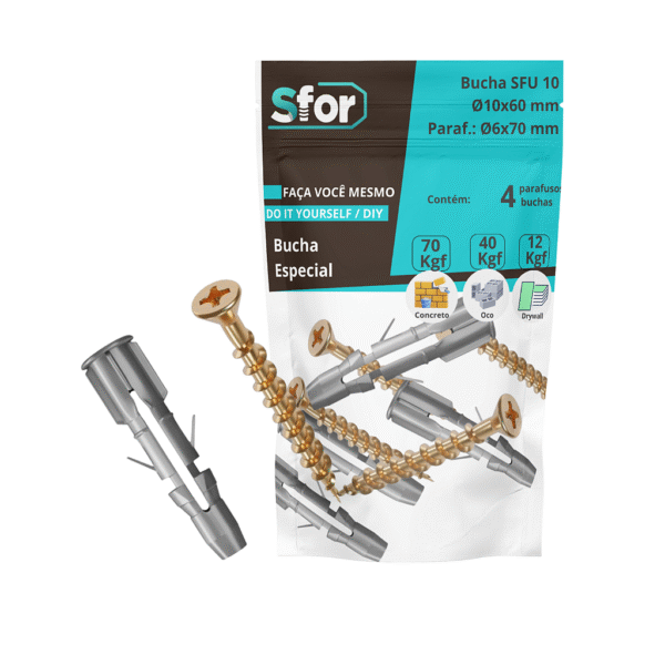 KIT - Parafuso Chip PHS Ø6x70mm + Bucha SFU Ø10x60mm com 4 peças - Sfor