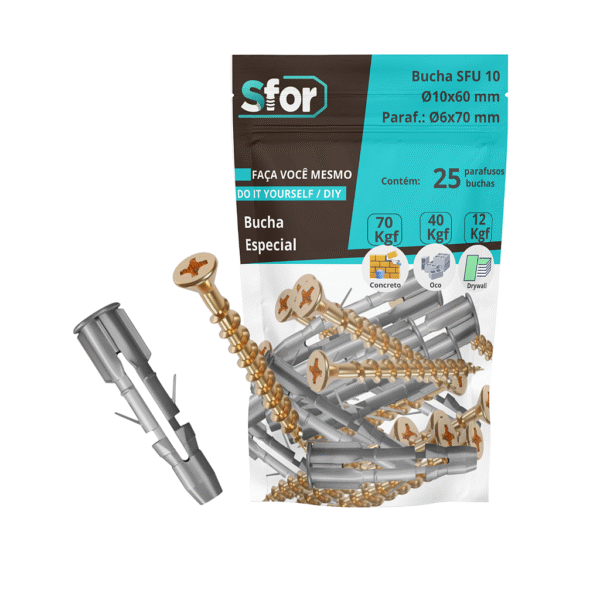 KIT - Parafuso Chip PHS Ø6x70mm + Bucha SFU Ø10x60mm com 25 peças - Sfor