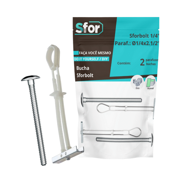 KIT - Parafuso Máq Cabeça Lentilha Fenda Combinada Ø1/4x2.1/2" + Bucha Sforbolt 1/4" com 2 peças - Sfor