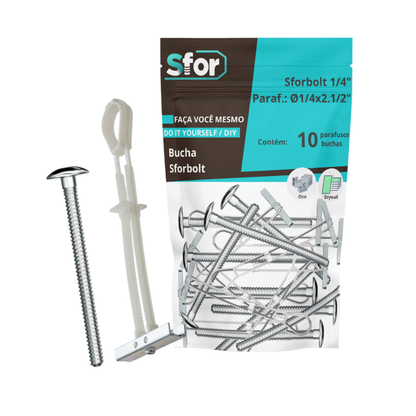 KIT - Parafuso Máq Cabeça Lentilha Fenda Combinada Ø1/4x2.1/2" + Bucha Sforbolt 1/4" com 10 peças - Sfor