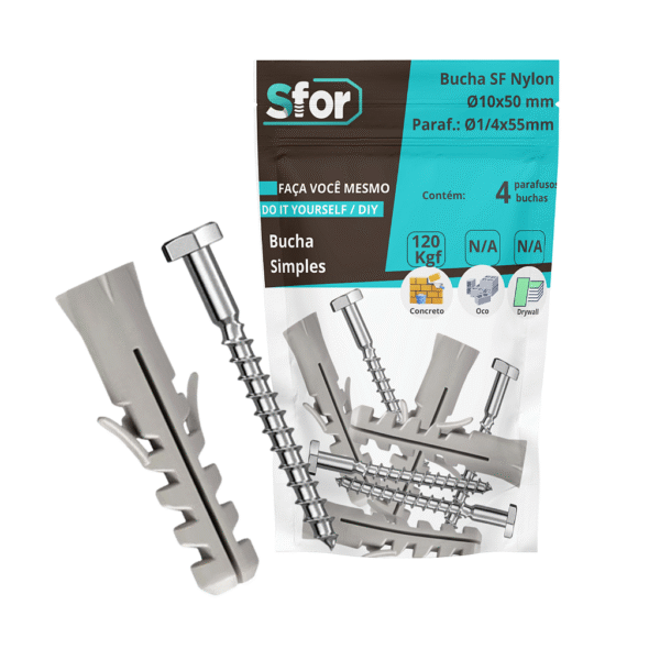 KIT - Parafuso Sextavado Rosca Soberba Ø1/4x55mm + Bucha SF Nylon Ø10x50mm com 4 peças - Sfor