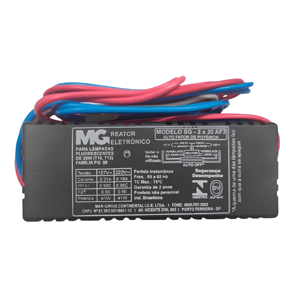 Reator Eletrônico SG 2X20 AF3 para 2 Lâmpadas Fluorescentes de 20W - Margirius